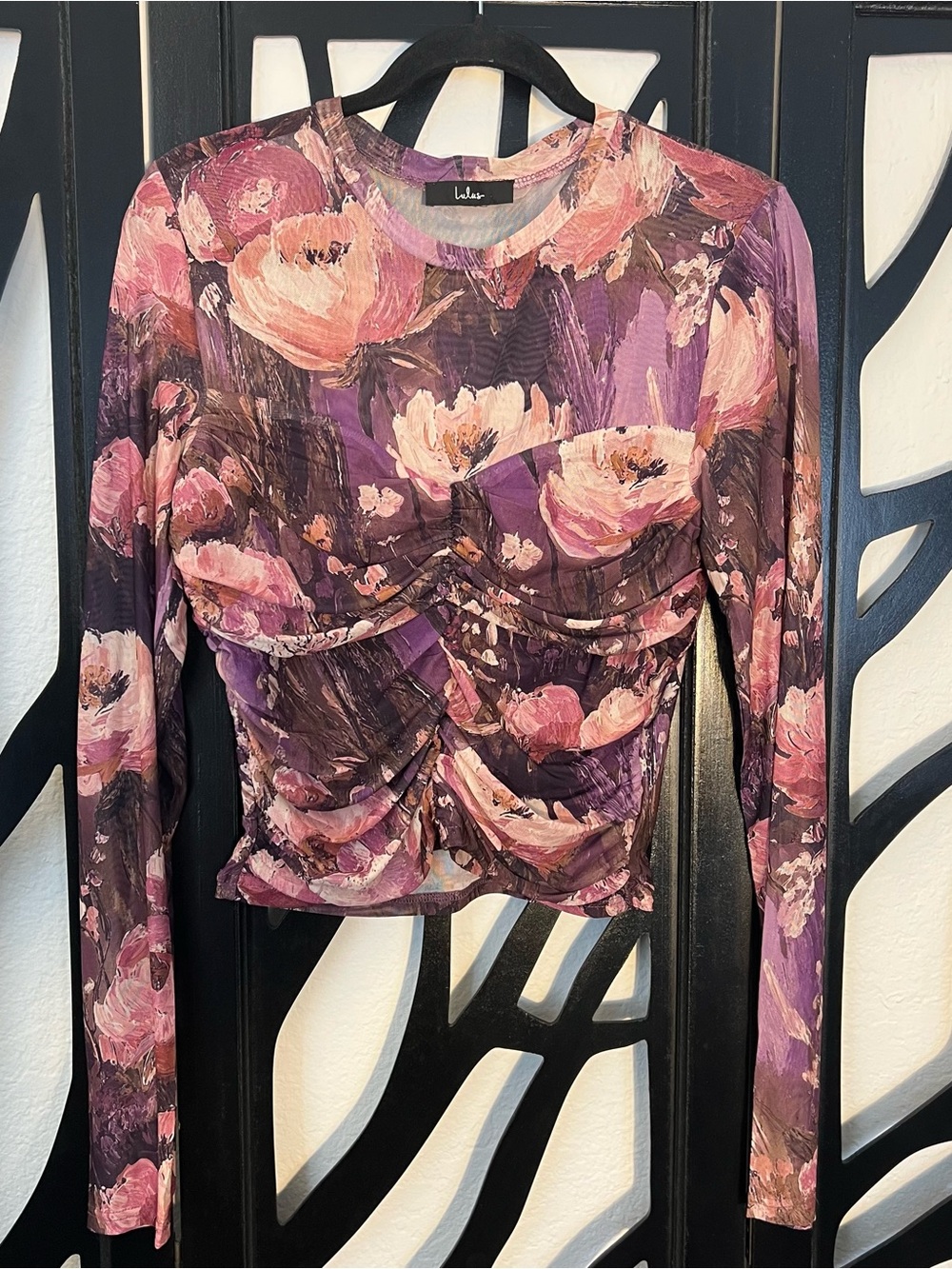 Lulus Instant Trend Aesthetic Black Floral Mesh Ruched Long Sleeve Blouse Size S
